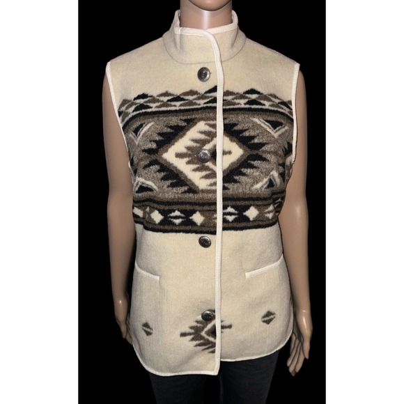 Orvis Vest Aztec Western Style Geometric Size Medium Ivory Vintage Button - Picture 1 of 8